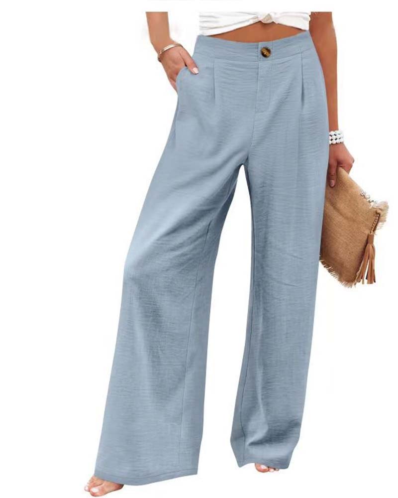 Button Elastic Waist Wide-Leg Pants