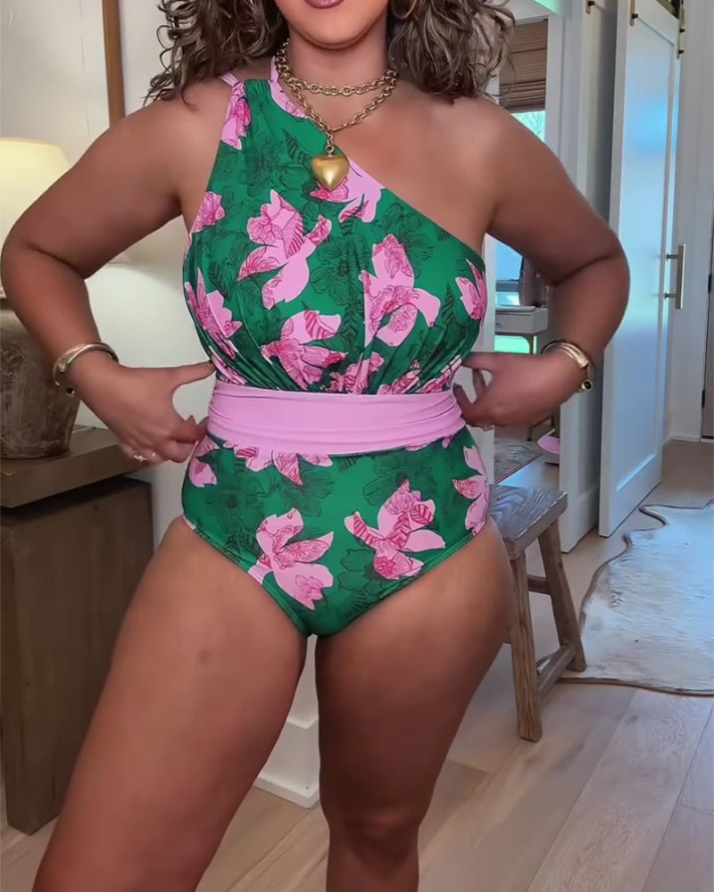 Color Block Floral One-Piece Swimsuit Cover-Up