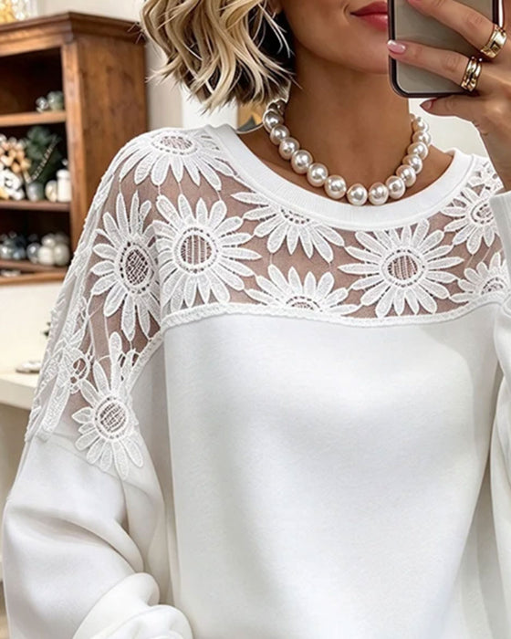 Round Neck Sunflower Lace Patchwork Sweatshirt
