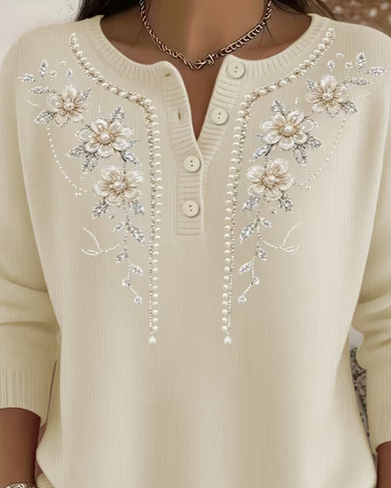 Crew Neck Button Down Floral Long Sleeve Sweatshirt