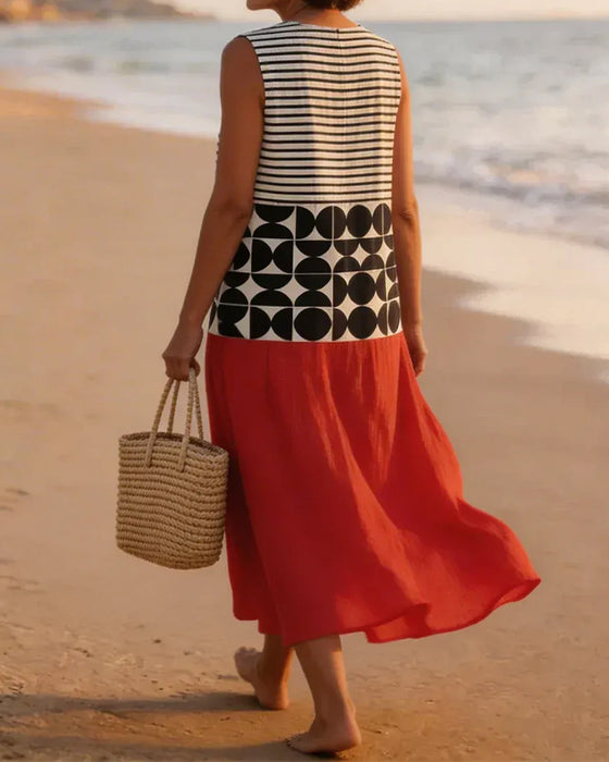 Geometric Print Contrast Sleeveless Dress