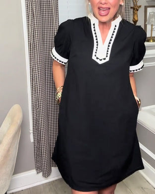 Bubble Sleeve Color Block V-Neck Dress