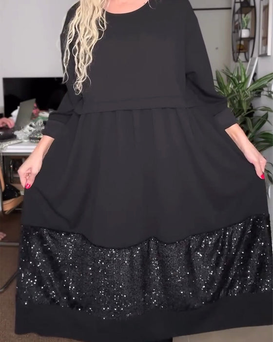 Round Neck Sequin Patchwork Loose Dress