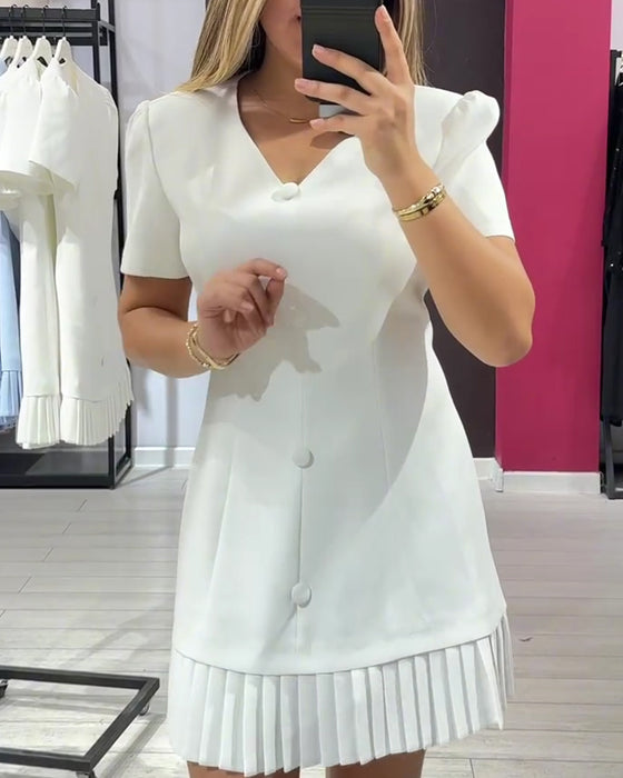 Solid Color Elegant V-Neck Pleated Dress