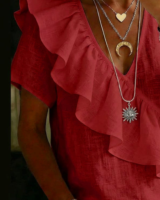 V-Neck Short-Sleeve Ruffled Blouse