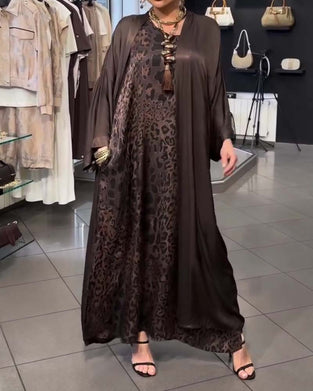 Leopard Spaghetti Strap Long Dress and Cardigan Sets