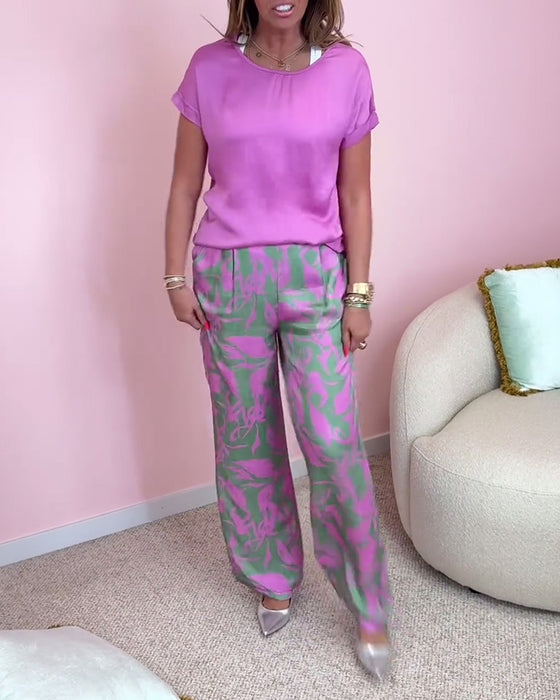 Casual printed short sleeve pocketed set