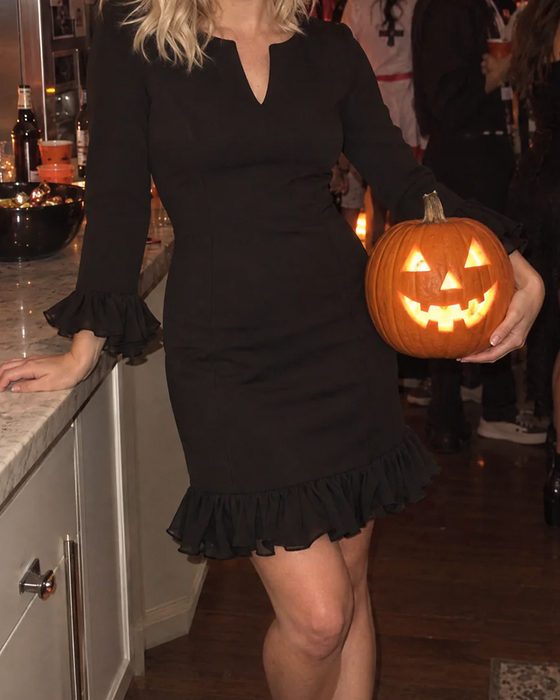 Elegant V-Neck Long Sleeve Ruffle Hem Dress