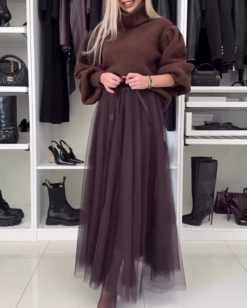 Casual solid color mesh lace-up pleated skirt