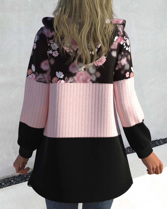 Floral print colorblock hooded coat