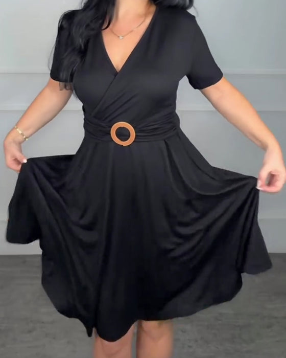 V-Neck Wrap Waist A-Line Dress