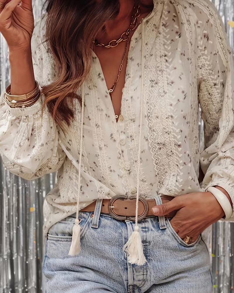 Floral Lace-Up Elegant Blouse