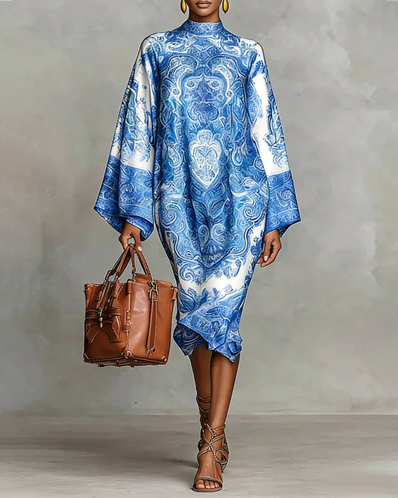 High-Neck Vintage Print Dress