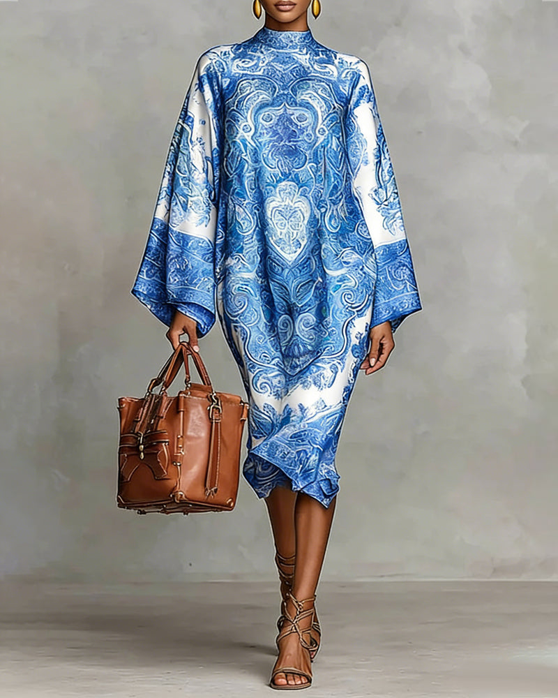 High-Neck Vintage Print Dress