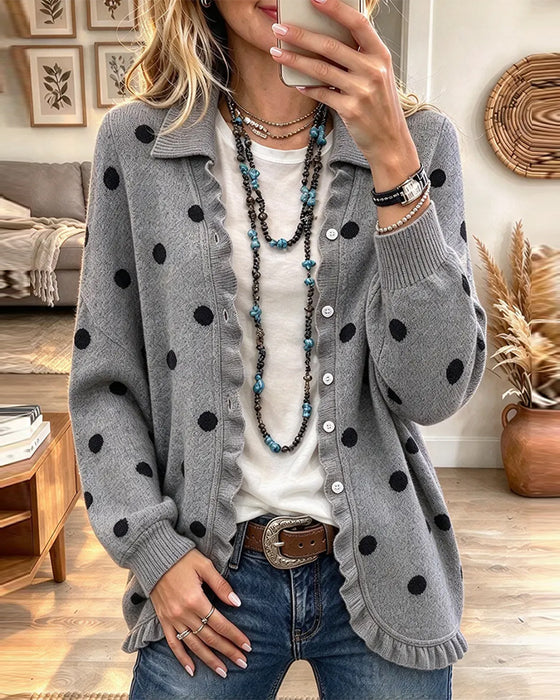 Lapel Ruffled Polka Dot Cardigan