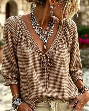 V-Neck Puff Sleeve Tie Houndstooth Blouse