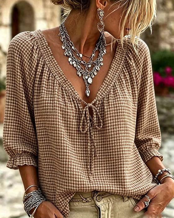 V-Neck Puff Sleeve Tie Houndstooth Blouse