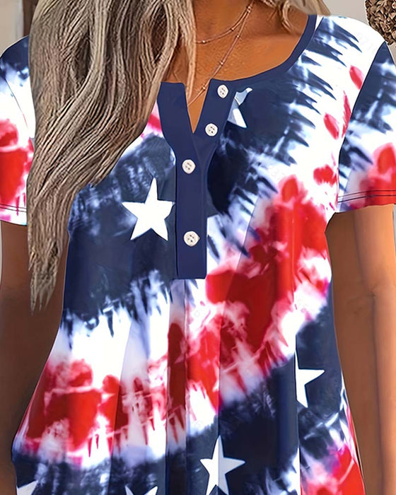 Tie-Dye Henley Short-Sleeve Blouses