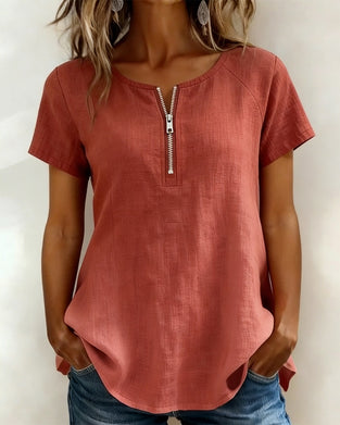 Half Zip Cotton Linen T-Shirt