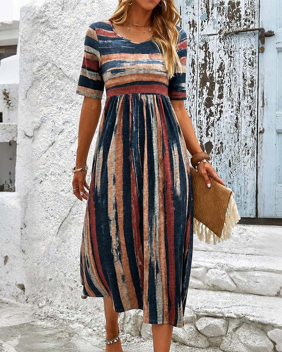 Crew Neck Striped High Waist A-Line Dress