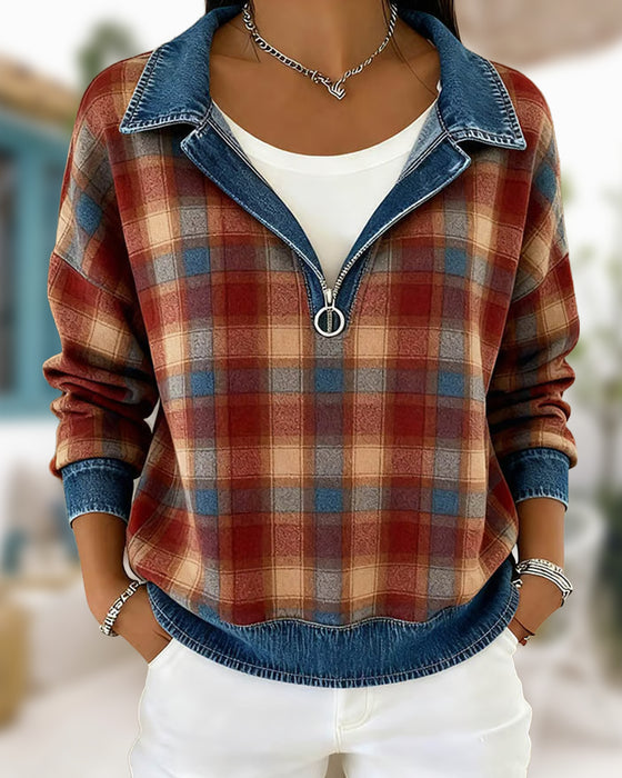 Women'S Casual Lapel Denim Patchwork Plaid Print Pullover Sweatshirt