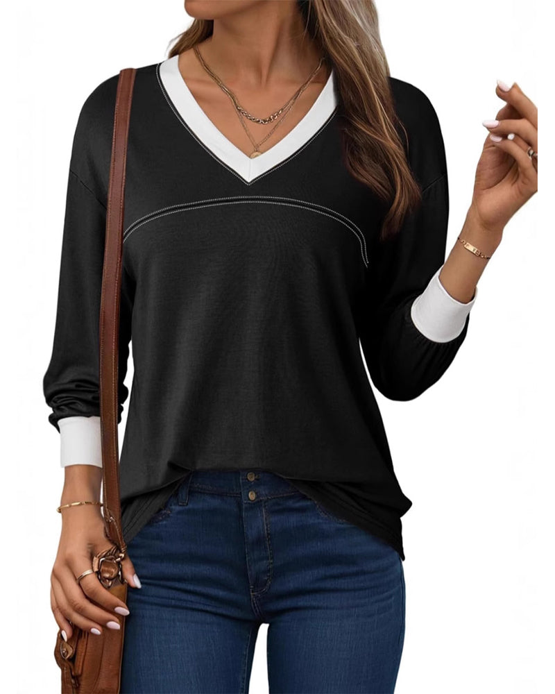 Contrast V-Neck Relaxed Blouse