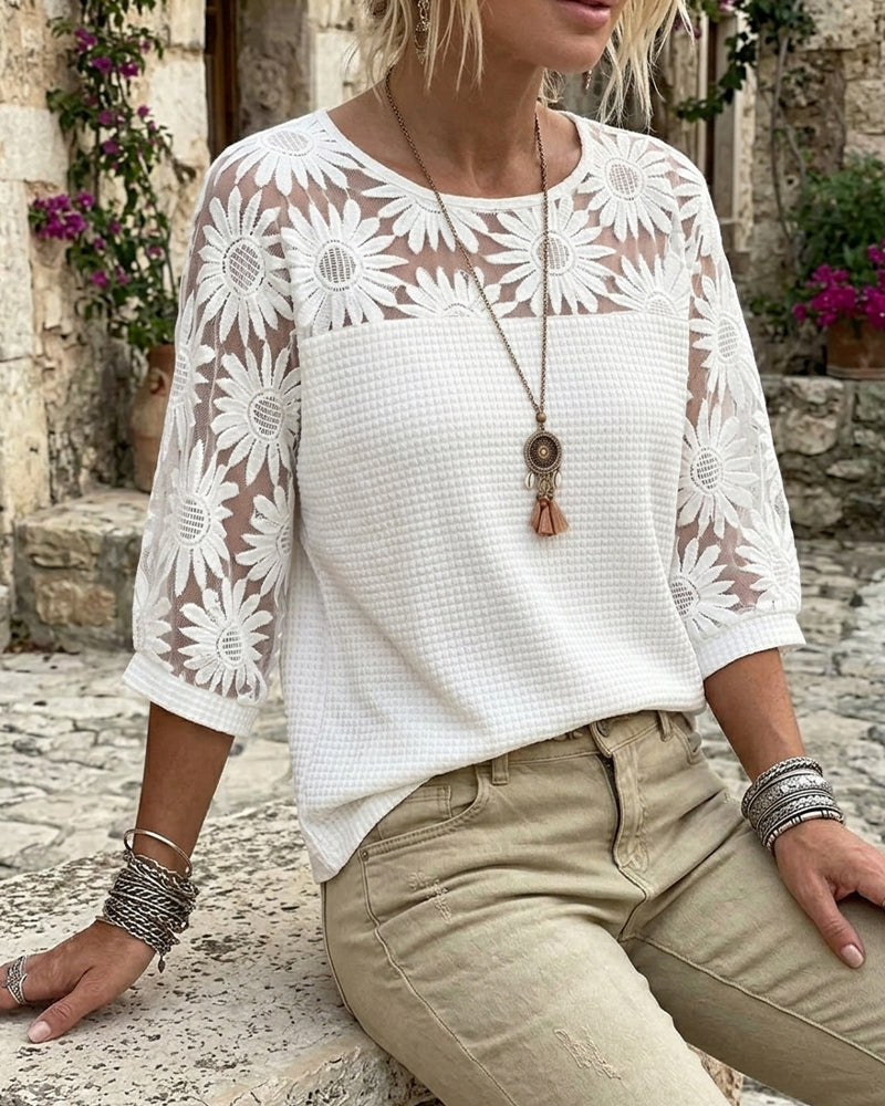 Round Neck Lace Waffle Patchwork T-Shirt