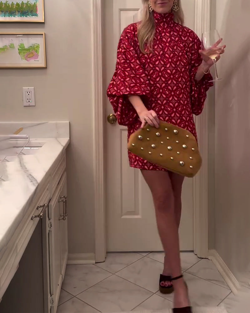 High-Neck Puff-Sleeved Fashionable Printed Dress