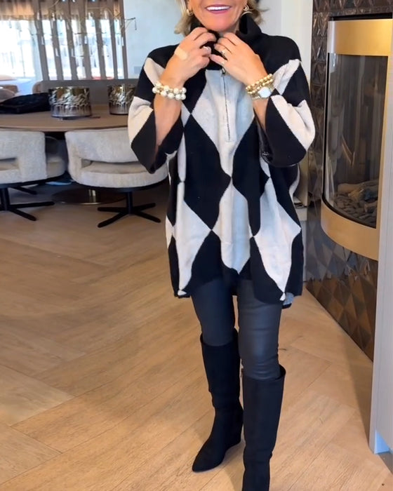 Stand-Up Collar Argyle Irregular Pullover