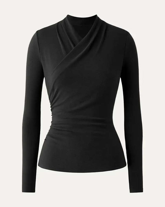 Cross V-neck Pleated Waist Long-sleeve Top