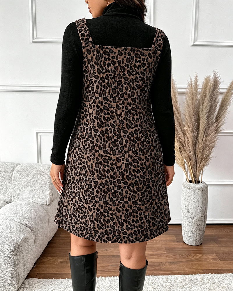 Turtleneck Slim Fit Leopard Print Jumpsuit Skirt Set