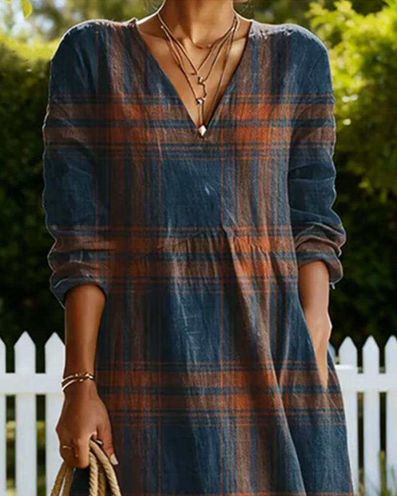 Forest-Style V-Neck Plaid Casual Dress