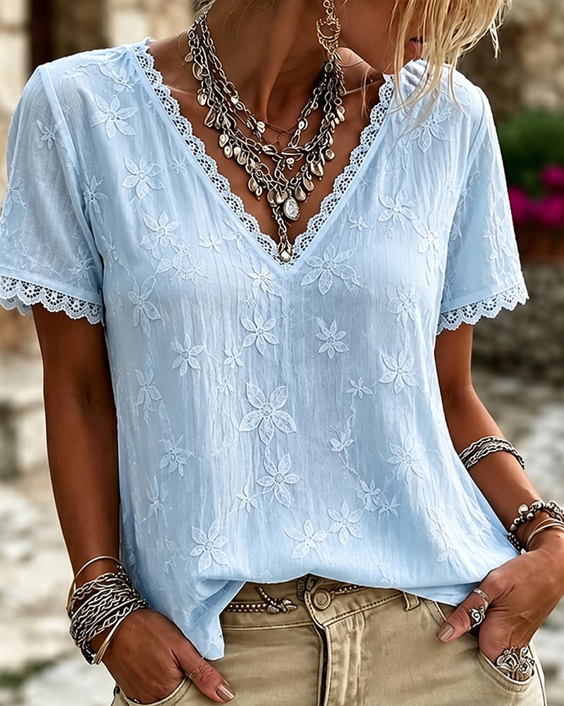 V-Neck Lace Short Sleeve Blouse