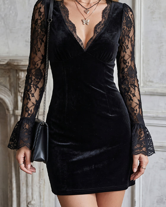 V-Neck Solid Long Sleeve Dress
