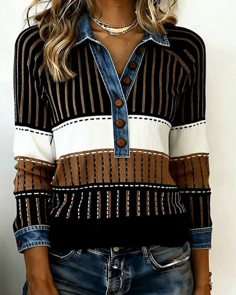 Button-Down Collar Color-Block Versatile Sweatshirt