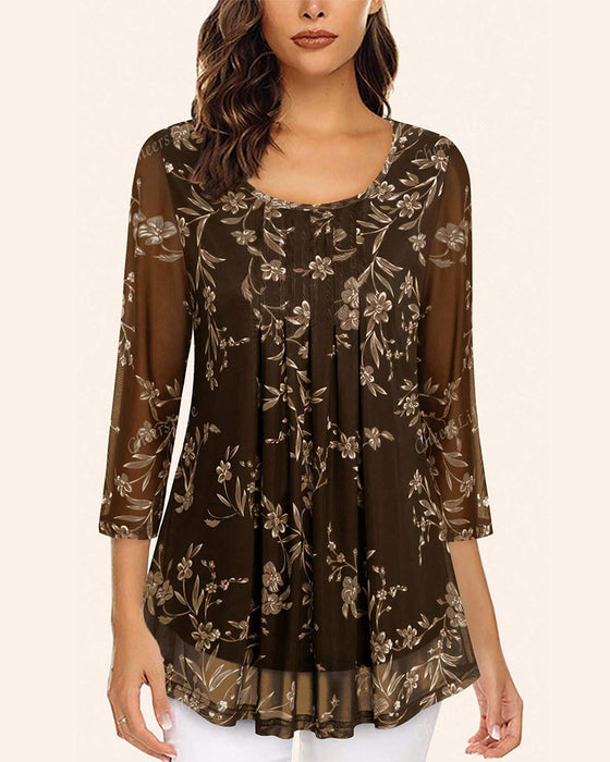 Round Neck Pleated Floral Top