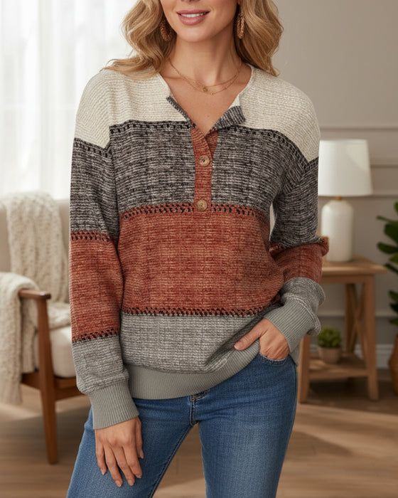 Button-Up Fashion Color Block Sweatshirt