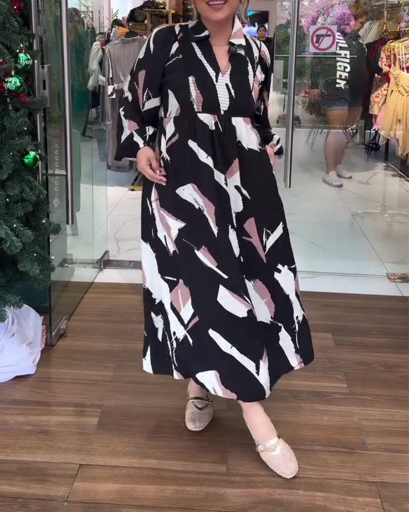 V-Neck Printed Long-Sleeved Dress