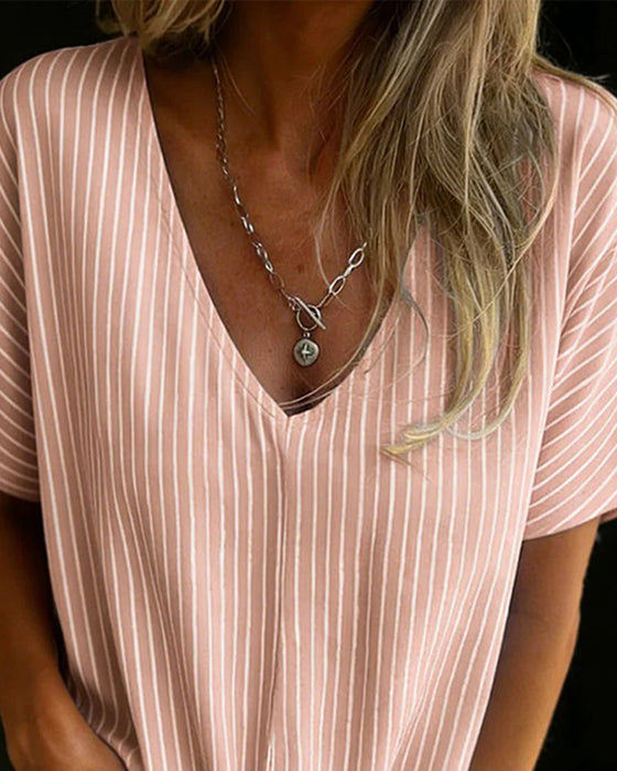 Vertical Striped V-Neck Knot T-Shirt