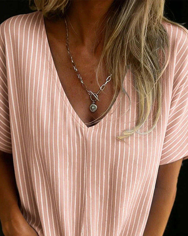 Vertical Striped V-Neck Knot T-Shirt