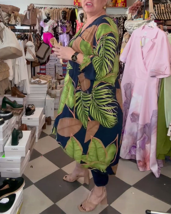 V-Neck Leaf Print Loose Dress