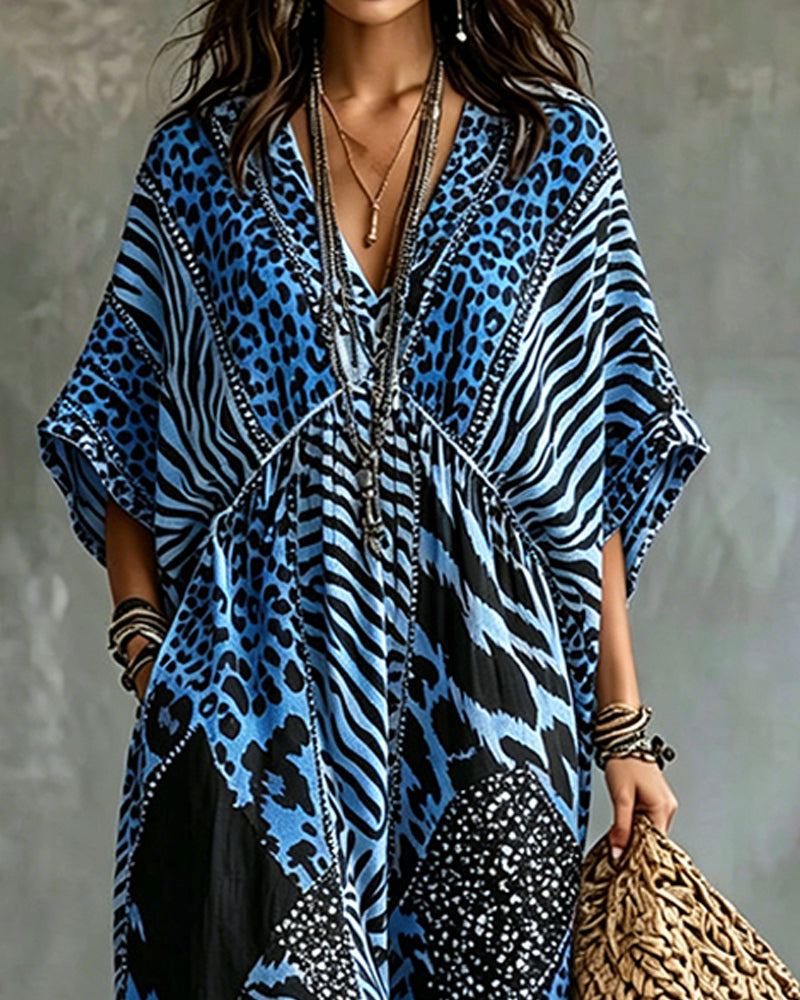 V-Neck Leopard Print Bat Sleeve Dress