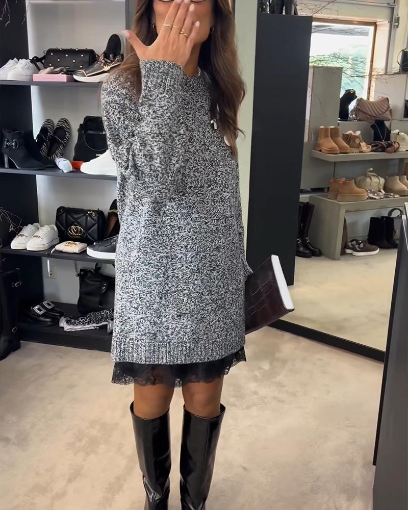 Solid color long-sleeved patchwork sweater dress