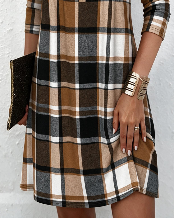 V-Neck Button Plaid Dress