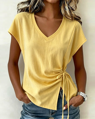 Side Drawstring V-Neck Solid Color T-Shirt
