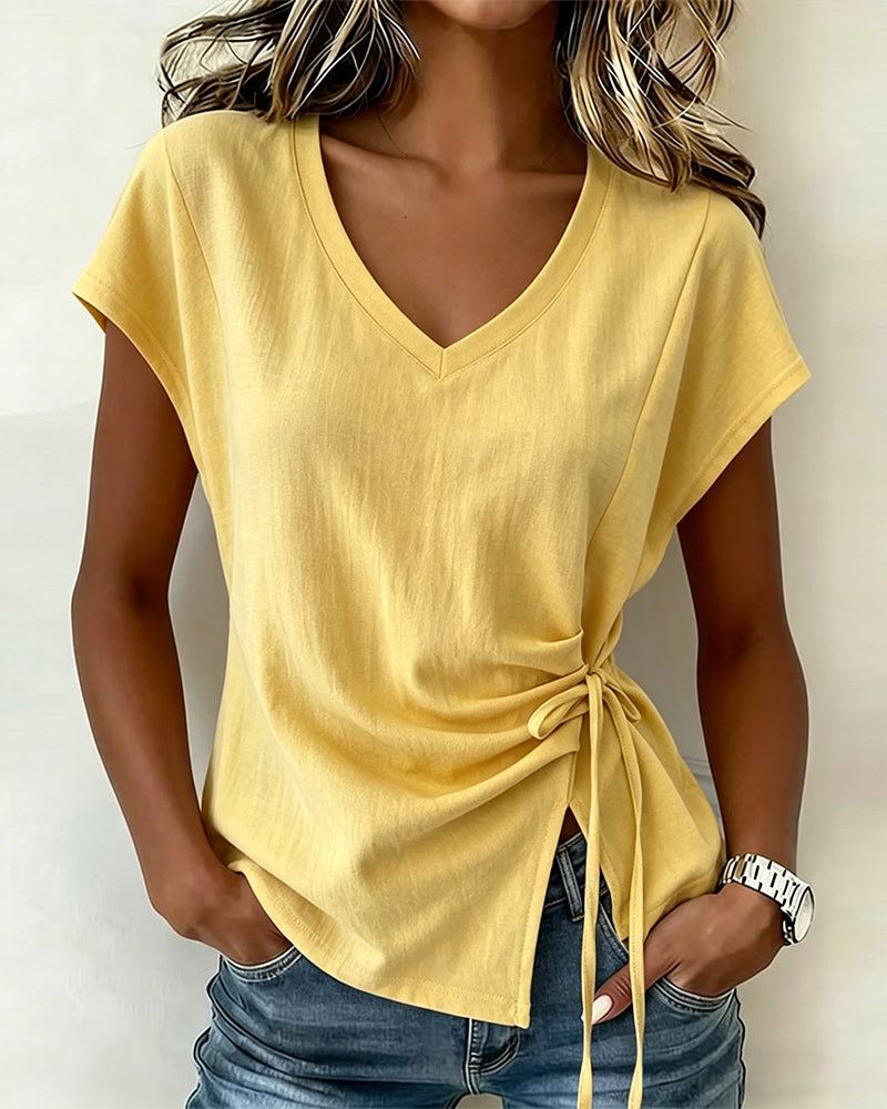 Side Drawstring V-Neck Solid Color T-Shirt
