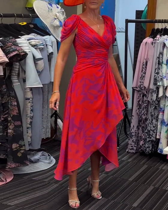 Pleated slit printed dress