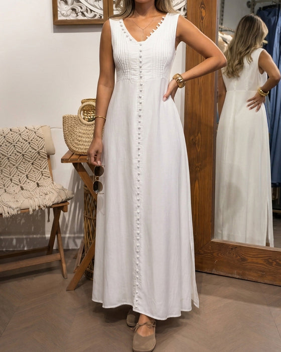 Sleeveless Button Front White Maxi Dress