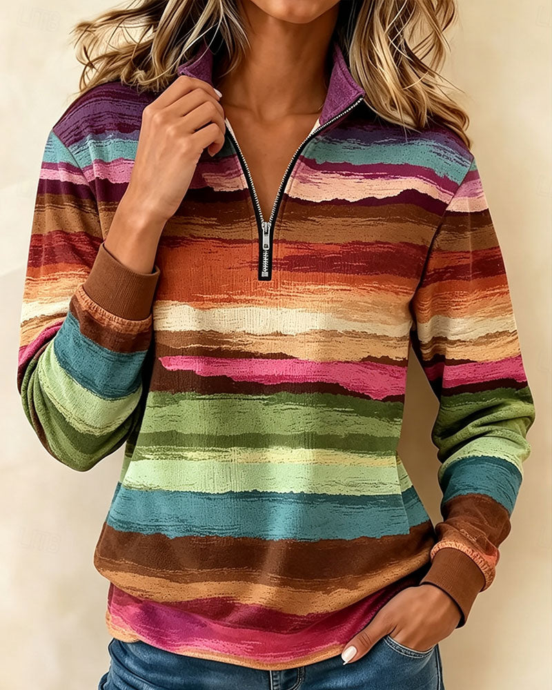 Vintage Colorful Striped Half Zip Stand Collar Long Sleeve Sweatshirt