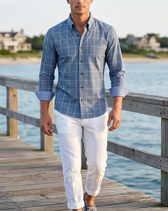 Blue and White Check Lapel Long Sleeve Shirt